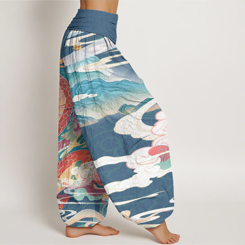 Dragons Auspicious Clouds?pattern Women's Elastic Waist Harem Pants