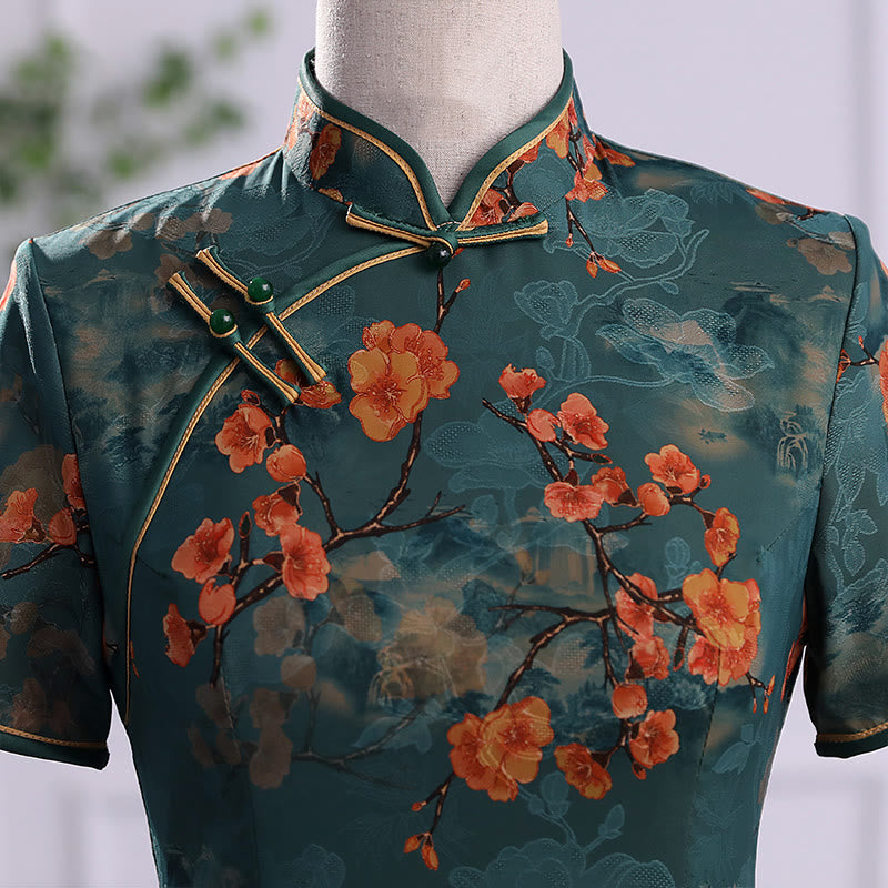 Retro Flower Lotus Peony Feather Print Qipao Dress Women's Cheongsam Dress