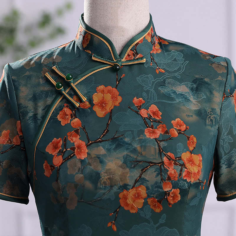 Retro Flower Lotus Peony Feather Print Qipao Dress Women's Cheongsam Dress