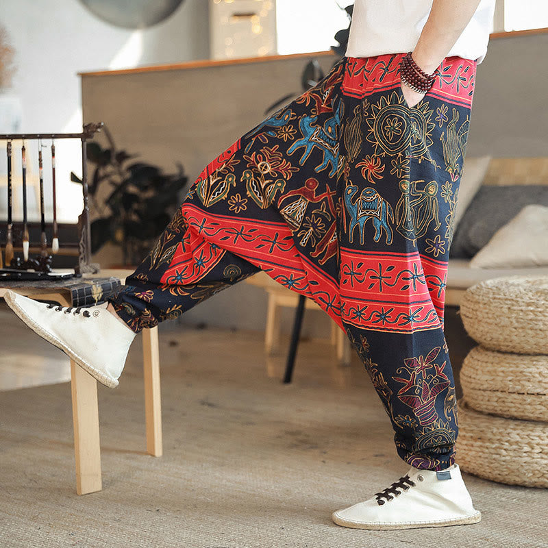Colorful Camel Figure Pattern Cotton Men's Harem Pants With Pockets