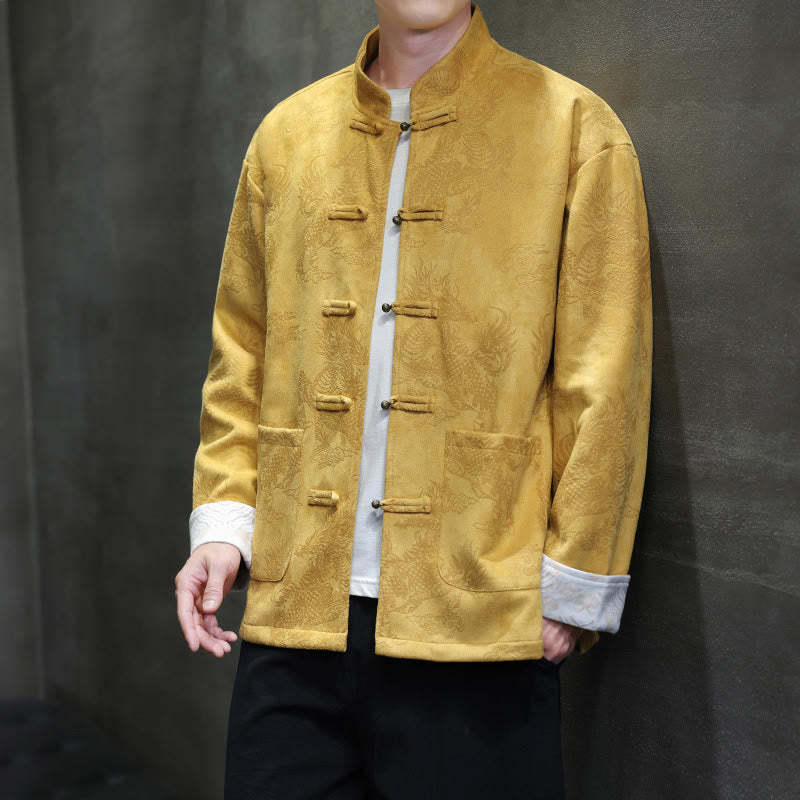 Chinese New Year Kirin Print Frog-button Tang Suit Men's Jacket Shirt With Pockets