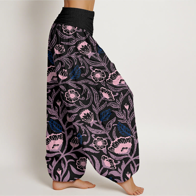 Casual Tulips Flower Vines Design Women's Elastic Waist Harem Pants