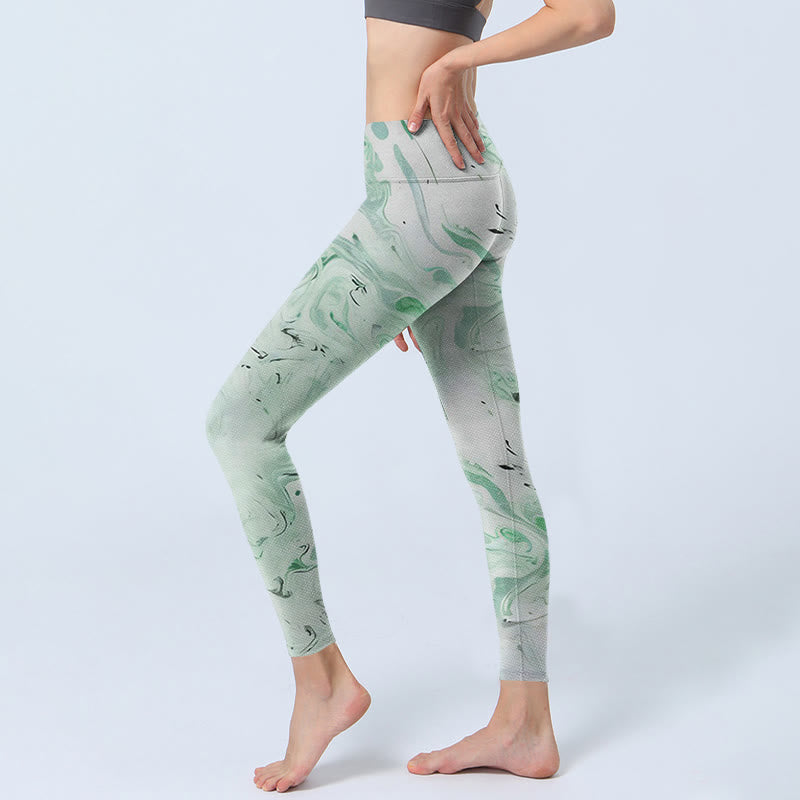 Honeydew Green White Flow Line Print Exercise Leggings Women's Yoga Pants
