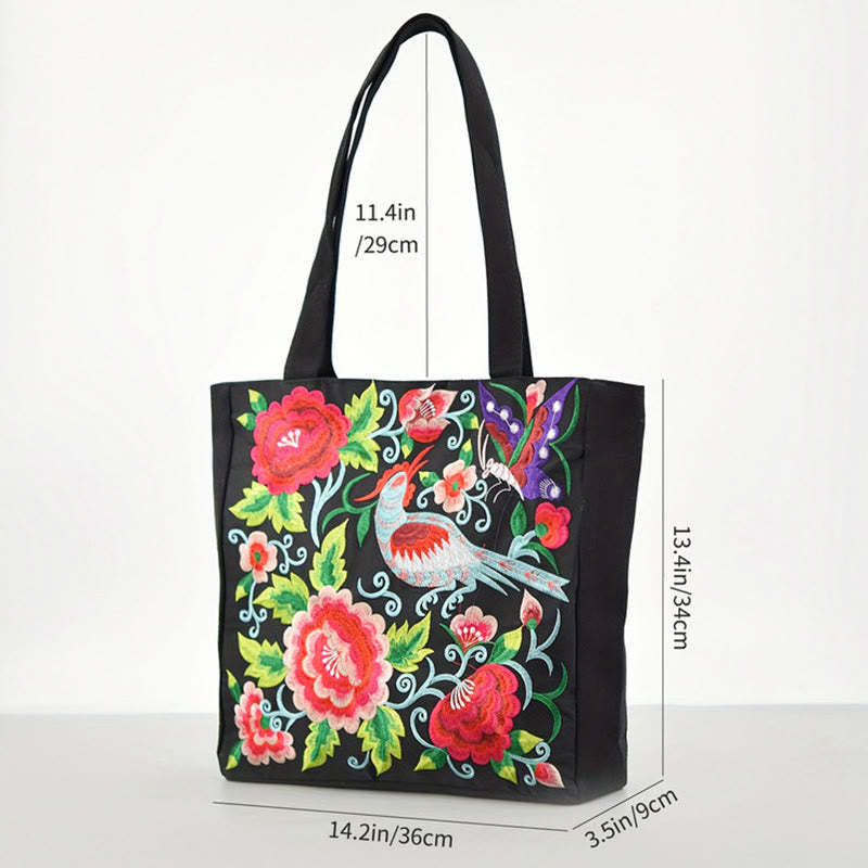 Galsang Magpie Peony Camellia Chrysanthemum Embroidery Canvas Shopping Purse Handbag Shoulder Bag