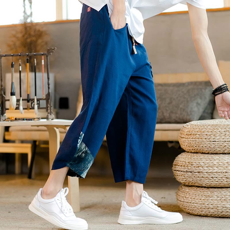 Patchwork Design Drawstring Cotton Men's Cropped Pants With Pockets