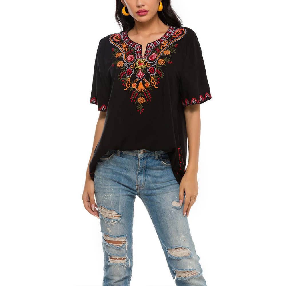 Black Casual Embroidery Flower Design Half Sleeve Notched Cotton Women's T-Shirt