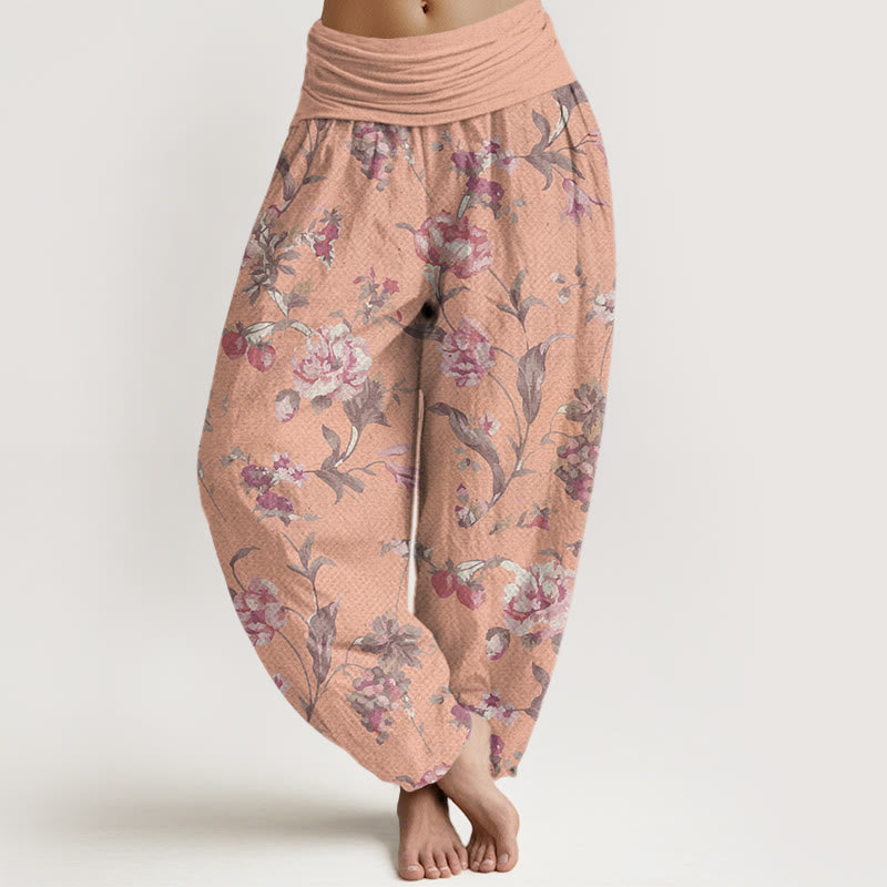 Casual Pink Flowers Pattern Women's Elastic Waist Harem Pants
