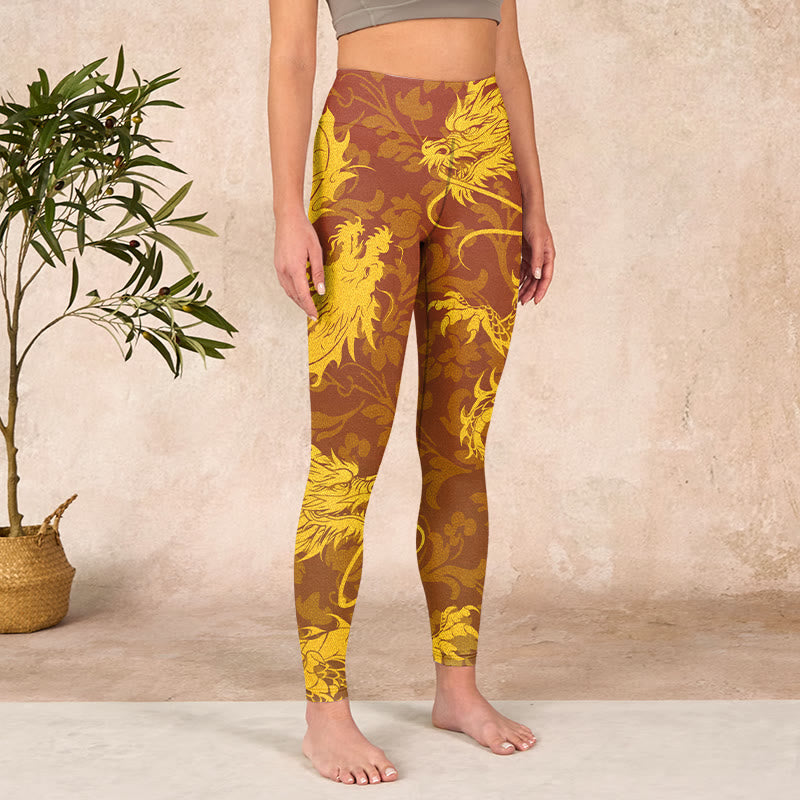 Golden Dragon Flowers Print Gym Leggings Women's Yoga Pants
