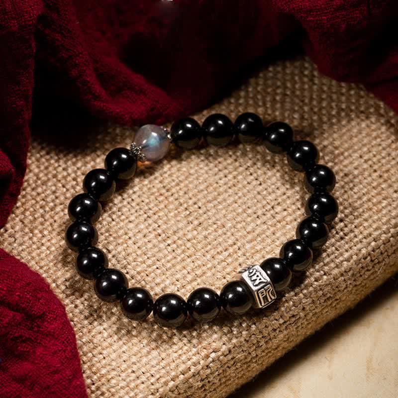 Chinese Zodiac Natal mystic zen 925 Sterling Silver Black Obsidian Moonstone Strength Bracelet