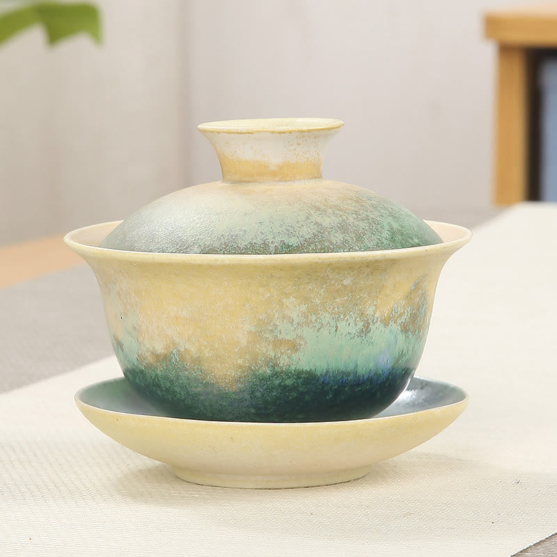 Green Ocean Waves Design Porcelain Ceramic Gaiwan Sancai Teacup Kung Fu Tea Cup And Saucer With Lid