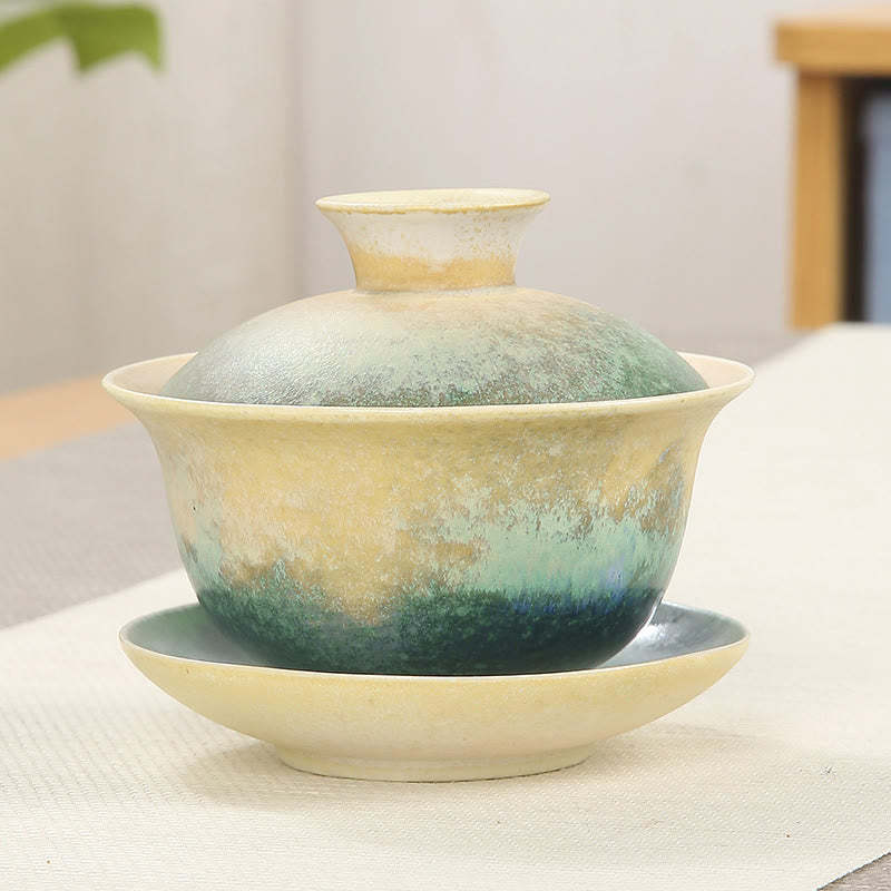 Green Ocean Waves Design Porcelain Ceramic Gaiwan Sancai Teacup Kung Fu Tea Cup And Saucer With Lid