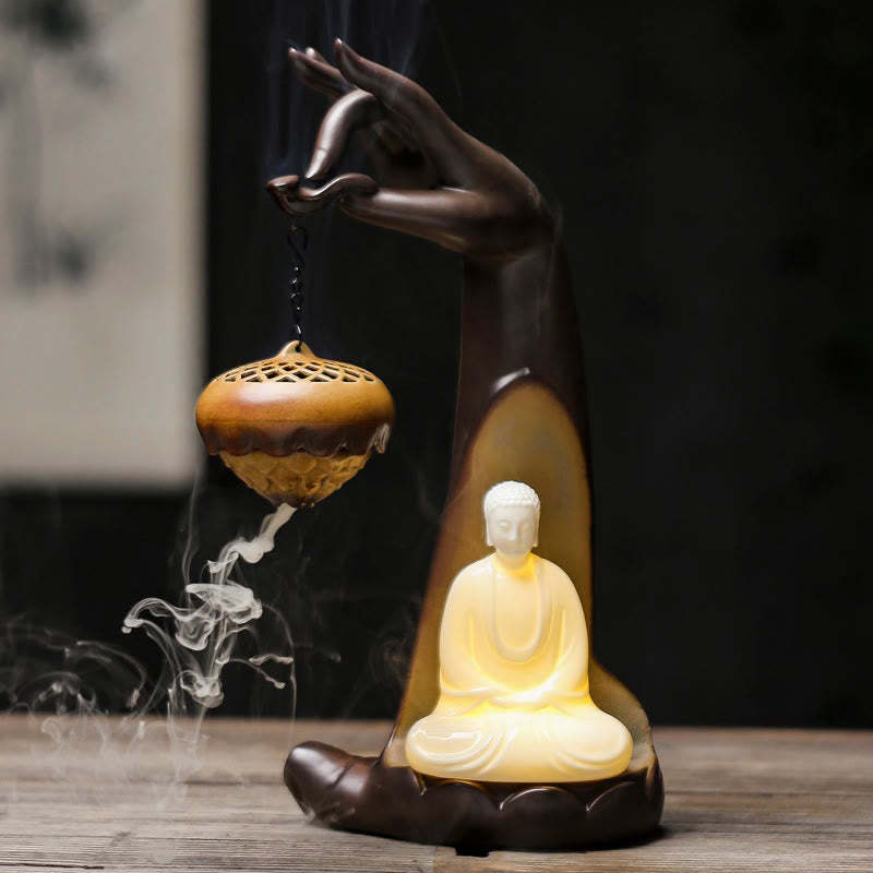 Led mystic zen Hand Backflow Smoke Fountain Healing Ceramic Stick Incense Burner Decoration