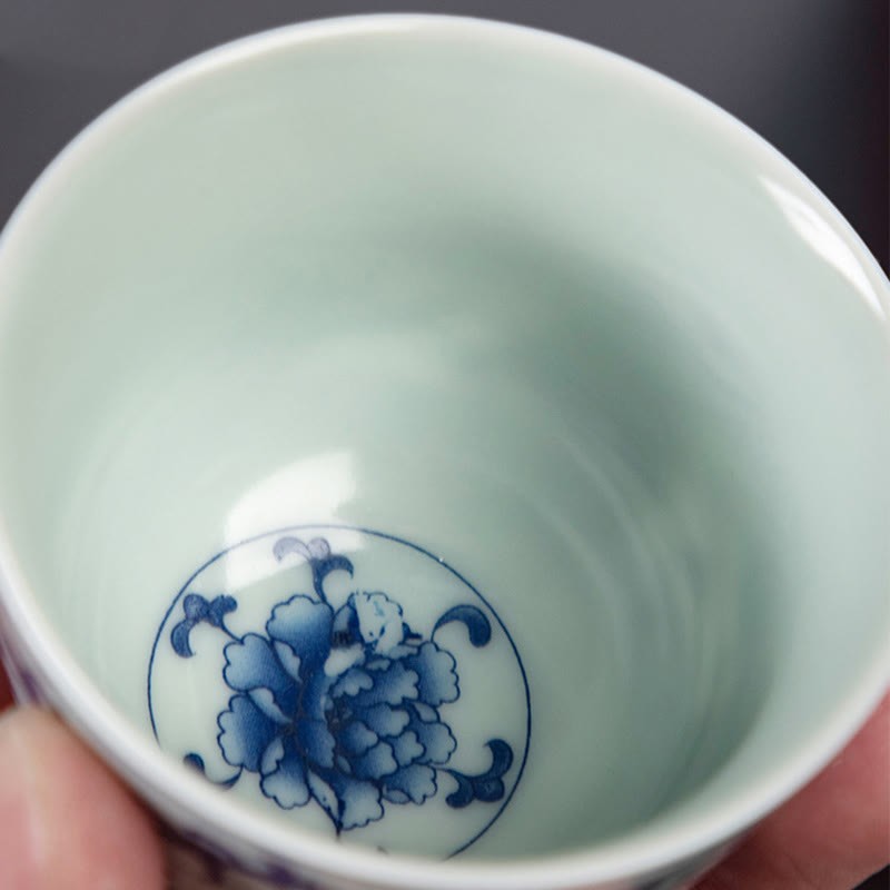 Blue Landscape Mountains Lotus Cute Cat Pavilions Magnolia Reed Egrets Ceramic Teacup Small Kung Fu Tea Cup