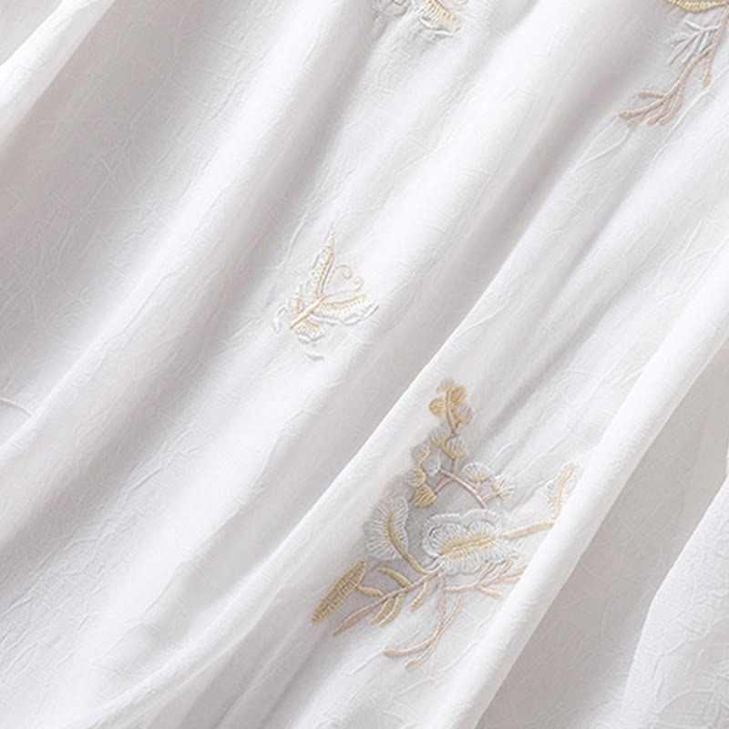 Embroidery Plants Flower Half Sleeve Plain Frog-Button Stand Collar Women's Shirt