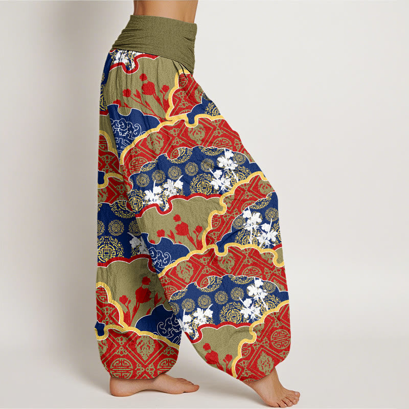 Chinese Fan-shaped Diamond Pattern Design Women's Elastic Waist Harem Pants