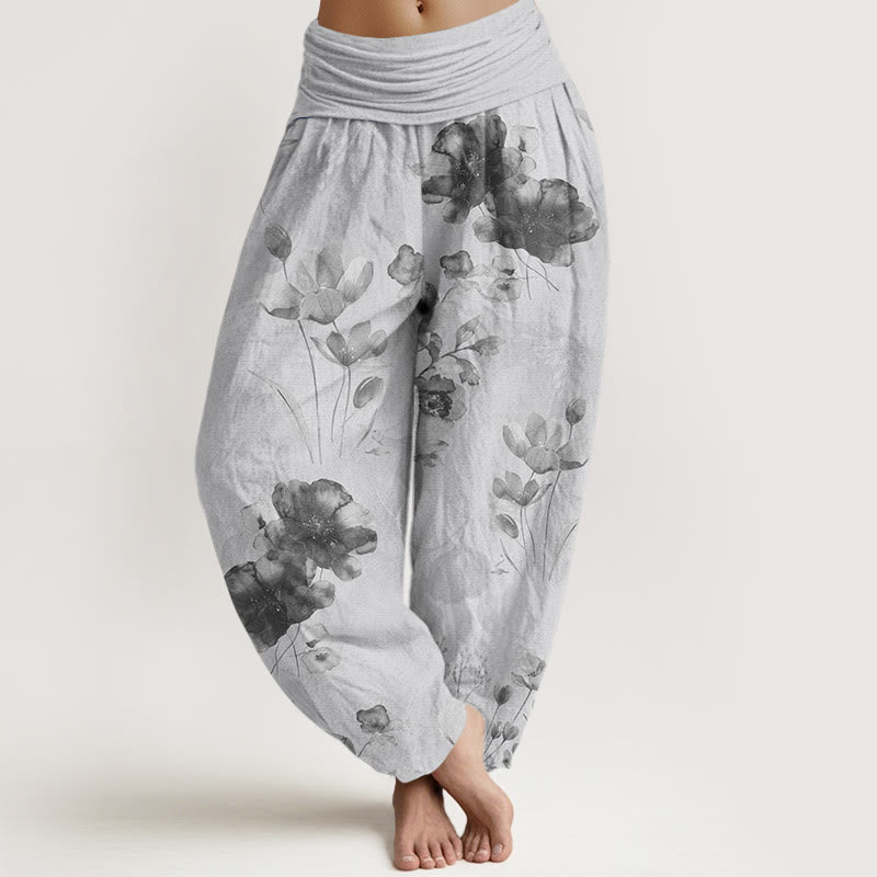 Casual Dark Blue Flower Leaves Print Gym Fitness Leggings Women's Yoga Pants