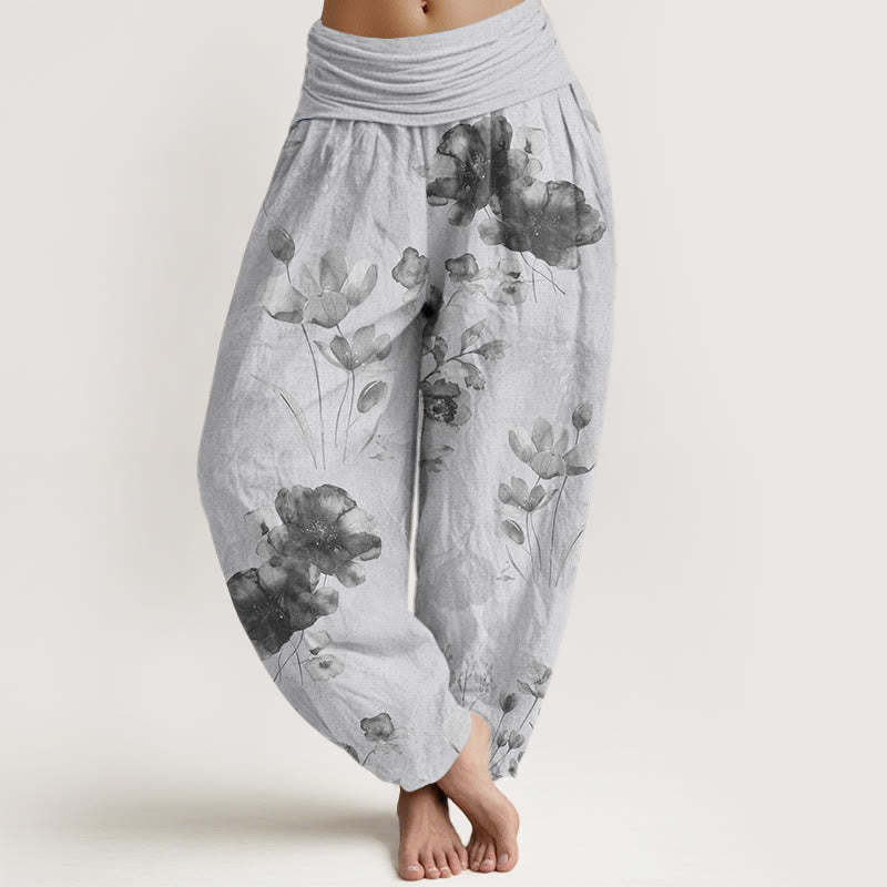 Casual Dark Blue Flower Leaves Print Gym Fitness Leggings Women's Yoga Pants