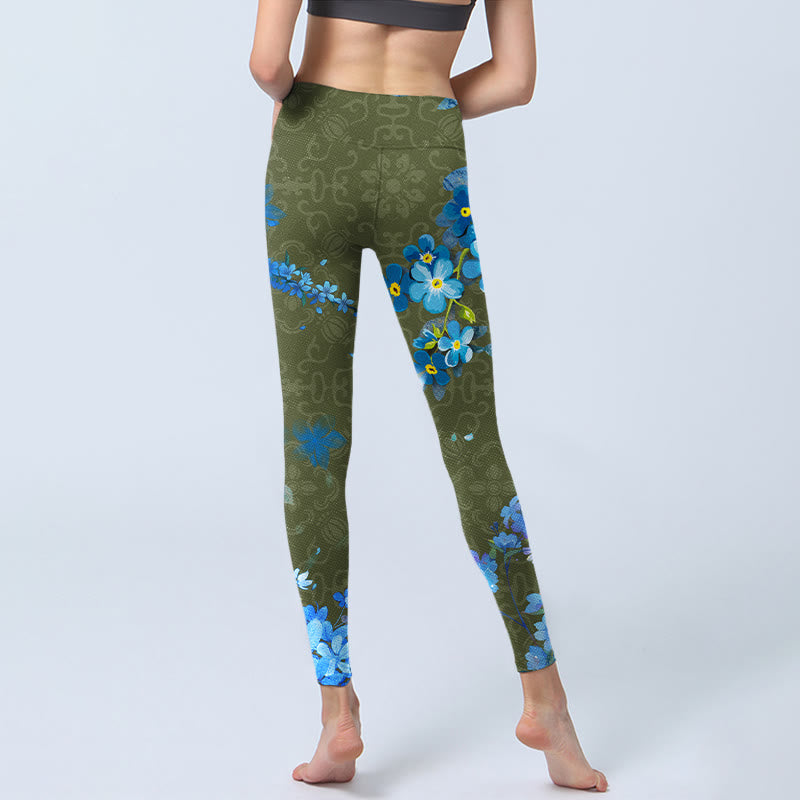 Blue Flowers Butterflies Print Gym Leggings Women's Yoga Pants