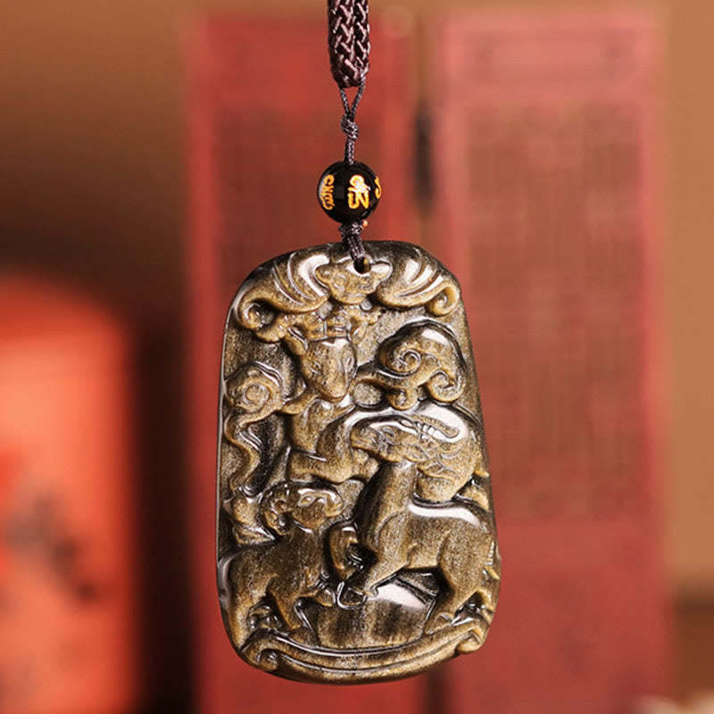Gold Sheen Obsidian Three Goats Bring Good Luck Pattern Wealth Necklace Pendant