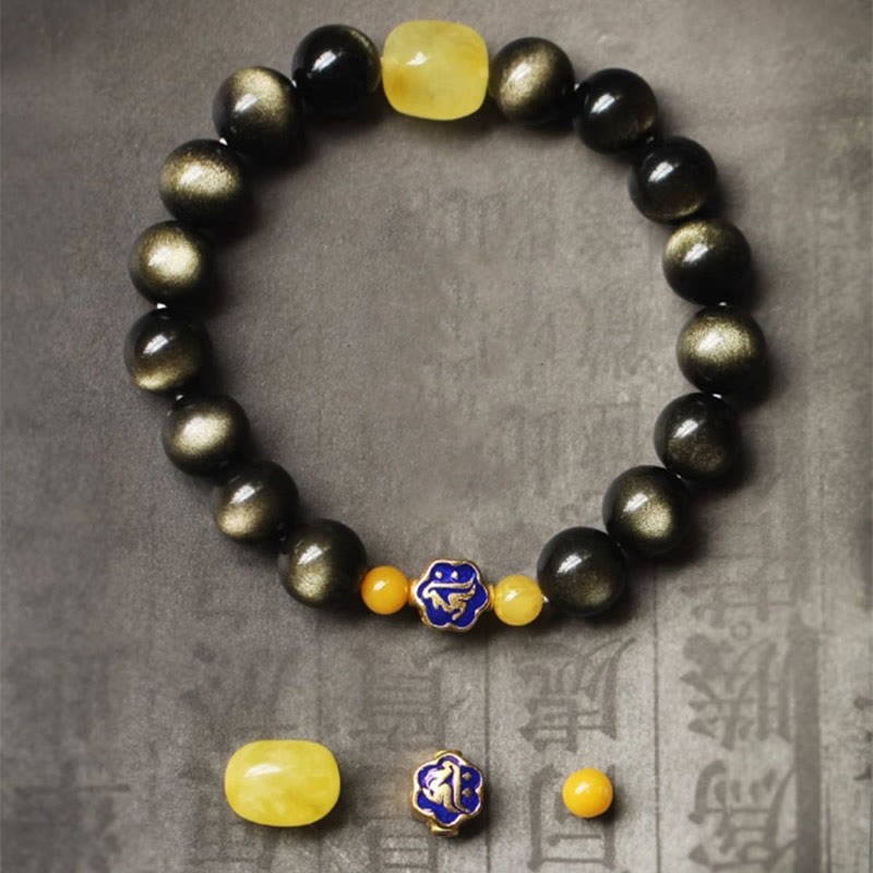 925 Sterling Silver Chinese Zodiac Natal mystic zen Natural Gold Sheen Obsidian Amber Wealth Protection Bracelet