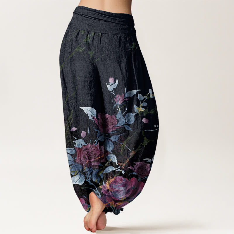 Blooming Roses Pattern Women's Elastic Waist Harem Pants