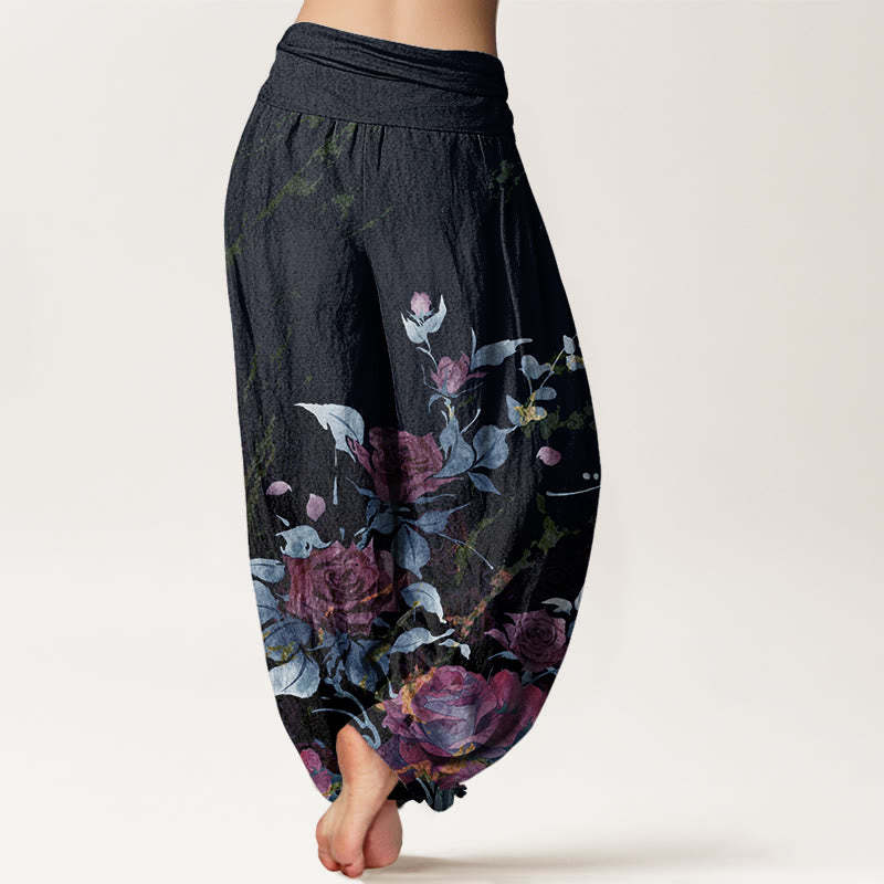 Blooming Roses Pattern Women's Elastic Waist Harem Pants