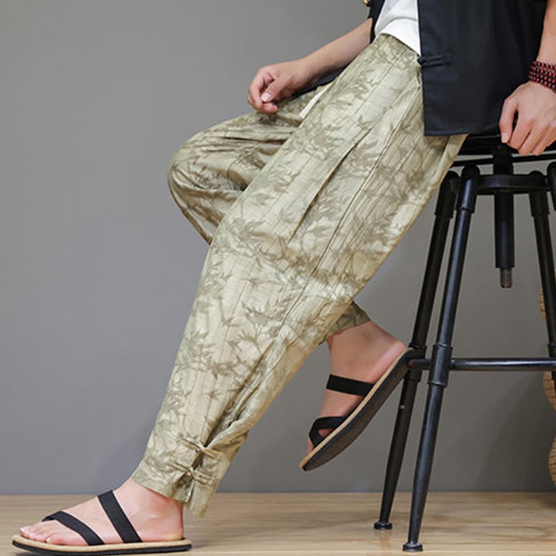 Bamboo Ankle Frog-button Drawstring Men's Pants With Pockets