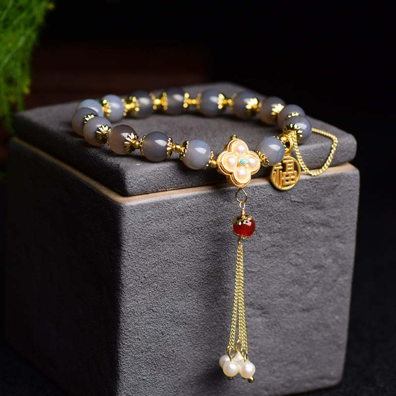 Natural Gray Agate Fu Character Pearl Tassel Balance Bracelet