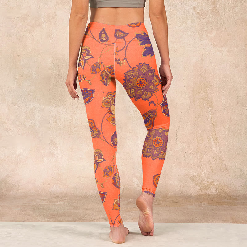 Orange Maple Leaves Flowers Print Gym Leggings Women's Yoga Pants