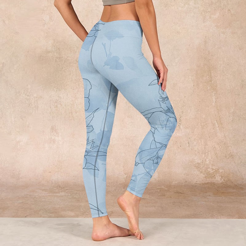 Blue Flower Sketch Print Sports Leggings Women's Yoga Pants