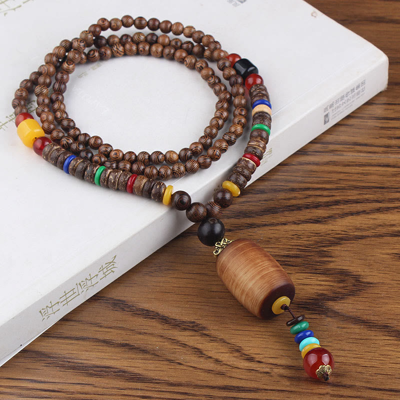 Tibetan Wenge Wood Bodhi Seed Agate Balance Peace Necklace Pendant