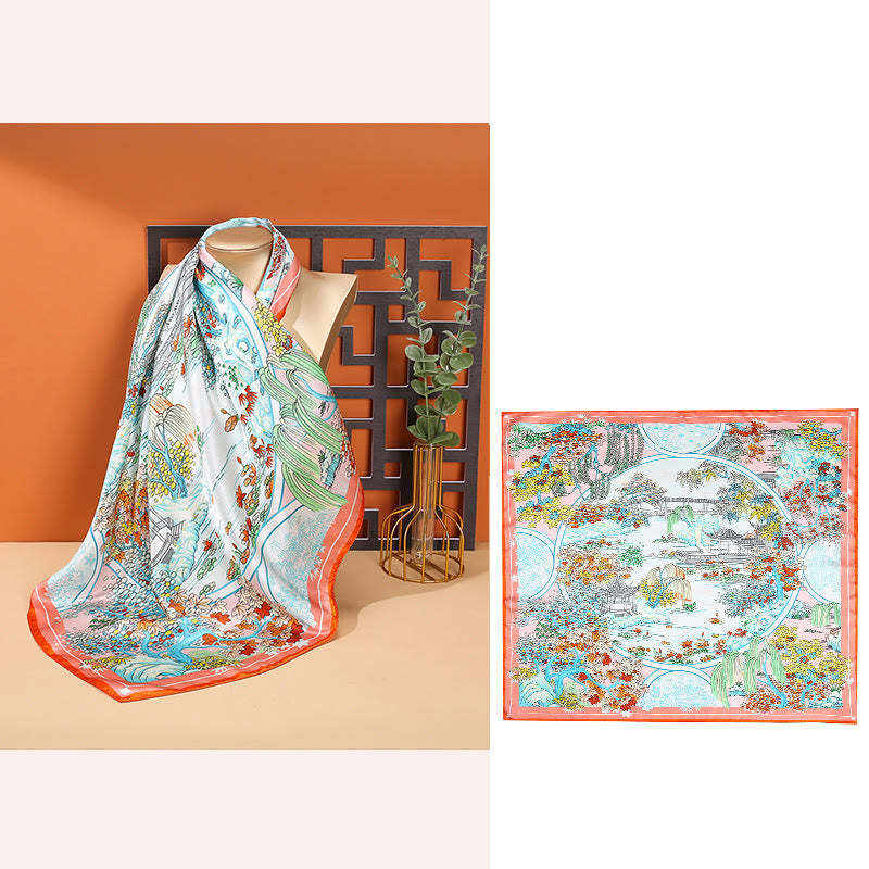 Pastoral Scene Hot Air Balloon Spring Blossom 100% Mulberry Silk Neck Hair Scarf