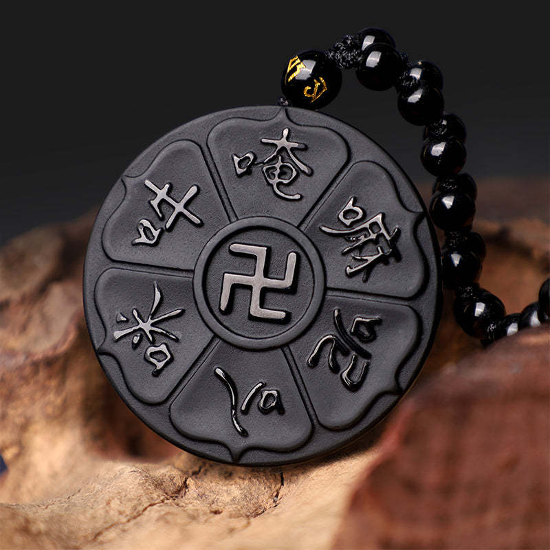 Natural Black Obsidian Tibetan Om Mani Padme Hum mystic zen Swastika Luck Necklace Pendant