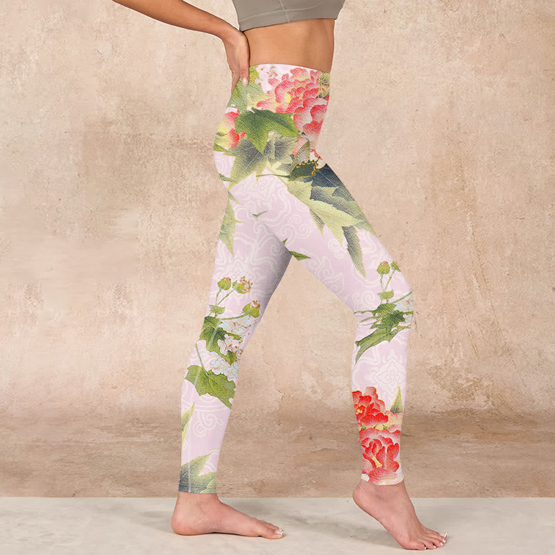 Hibiscus Flowers And Leaves Print Gym Leggings Women's Yoga Pants