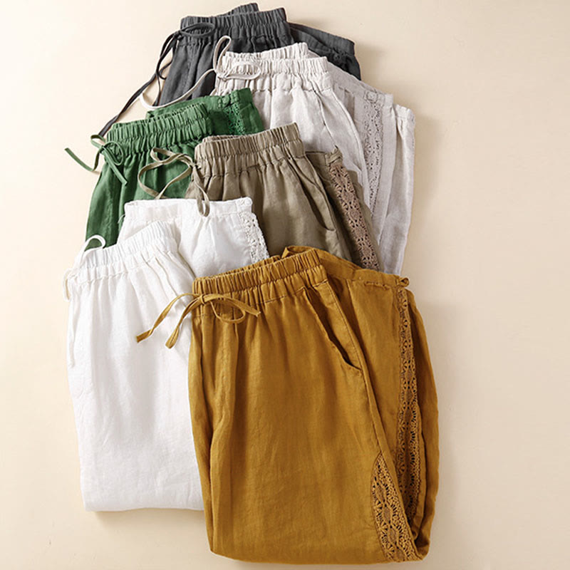 Solid Color Flower Loose Drawstring Harem Pants With Pockets