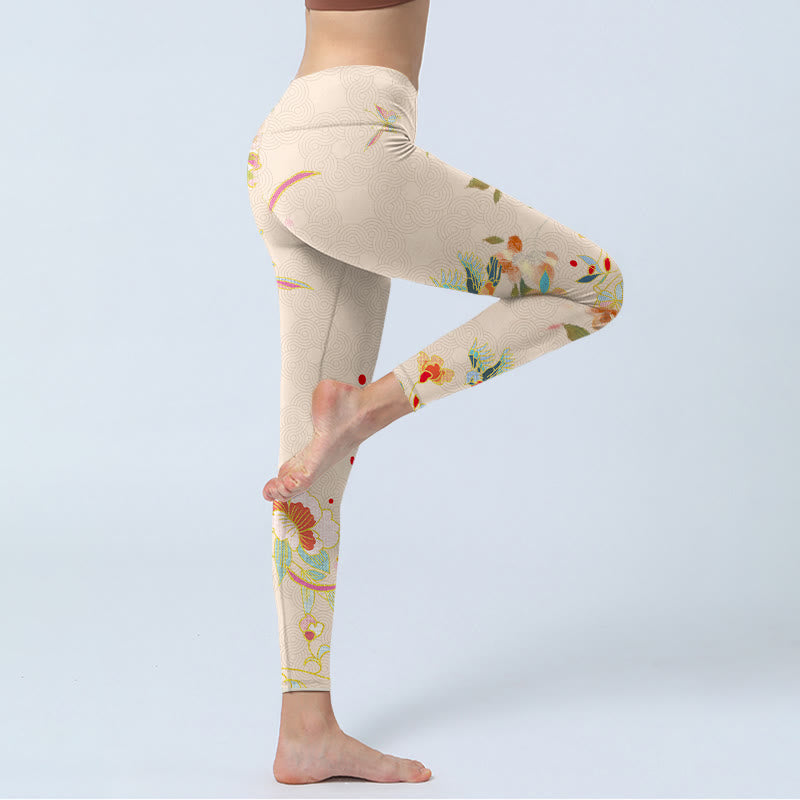 Apricot Butterfly Peony Flowers Leaves Print Gym Leggings Women's Yoga Pants