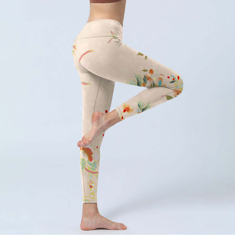 Apricot Butterfly Peony Flowers Leaves Print Gym Leggings Women's Yoga Pants