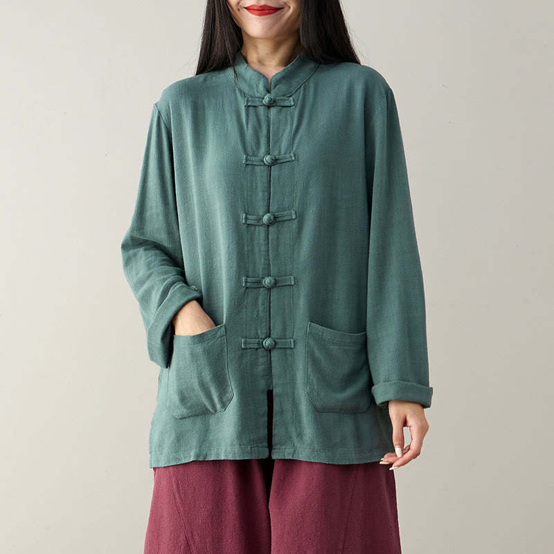 Solid Color Frog-button Long Sleeve Cotton Linen Women's Shirts With Pockets