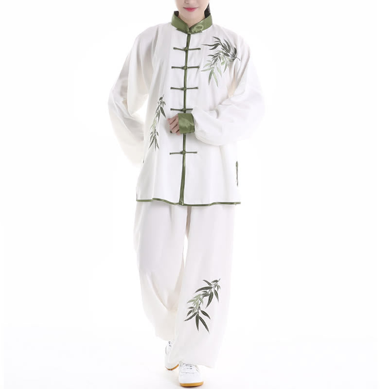 2Pcs Fall Green Bamboo Leaves Embroidery Frog-Button Tai Chi Meditation Qigong Zen Practice Unisex Cotton Clothing Set