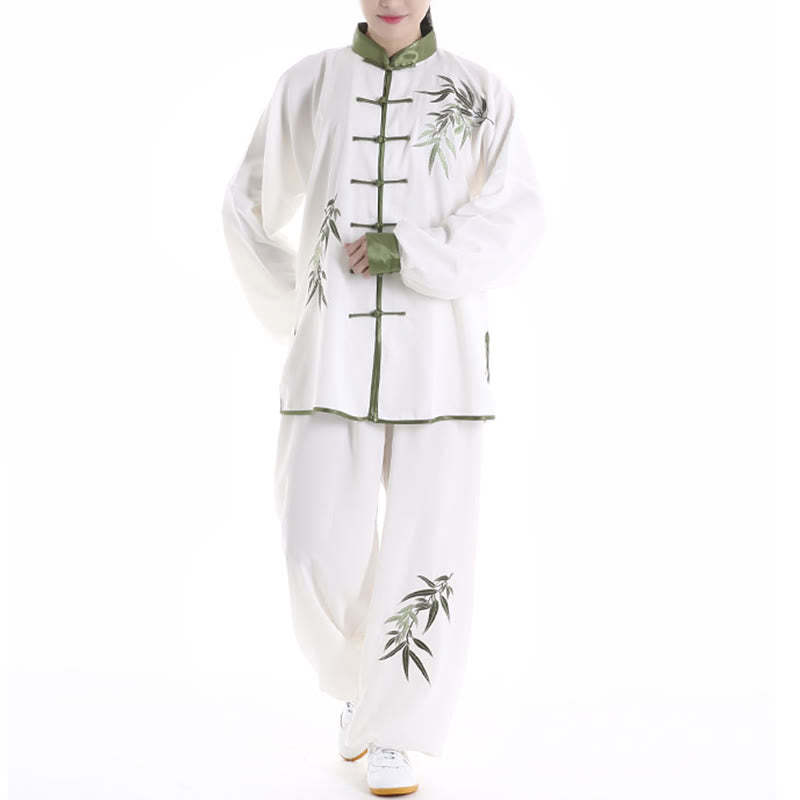 2Pcs Fall Green Bamboo Leaves Embroidery Frog-Button Tai Chi Meditation Qigong Zen Practice Unisex Cotton Clothing Set