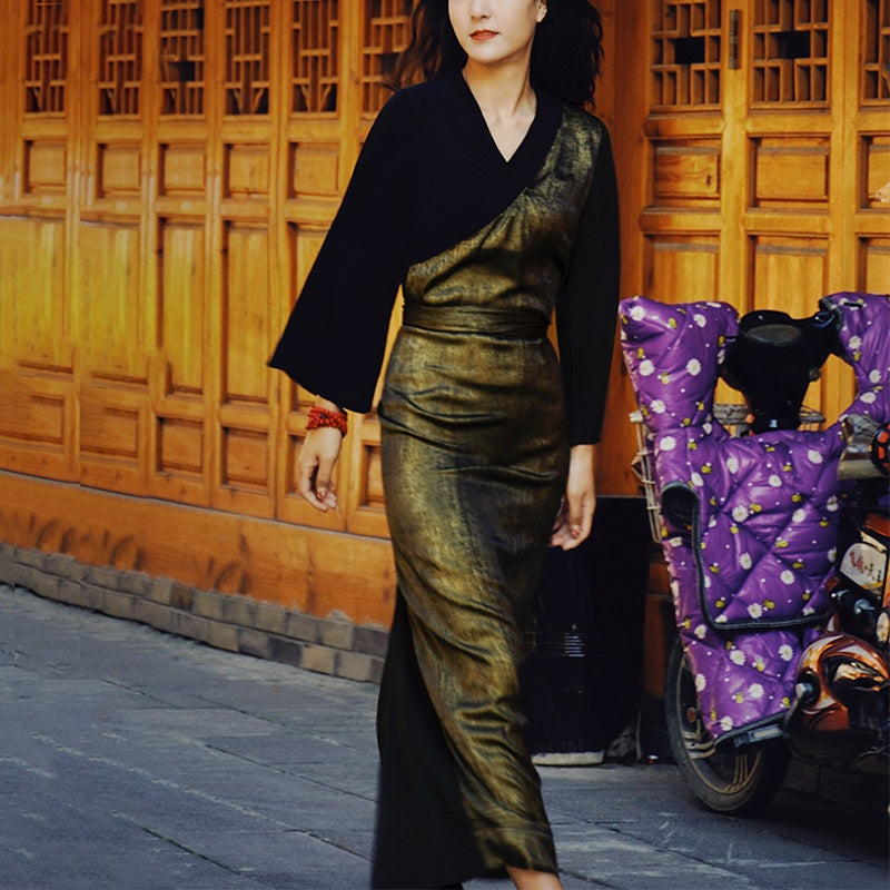 Tibetan Dress Clothing Lhasa Gold Black Long Wrap Dress Maxi Dress Women Clothing