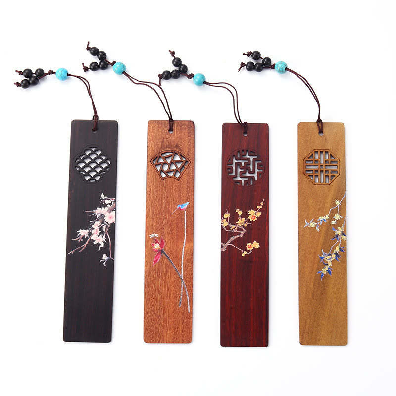 4Pcs Four Seasons Plum Orchid Bamboo Chrysanthemum Peking Opera Mask Wood Bookmarks With Gift Box