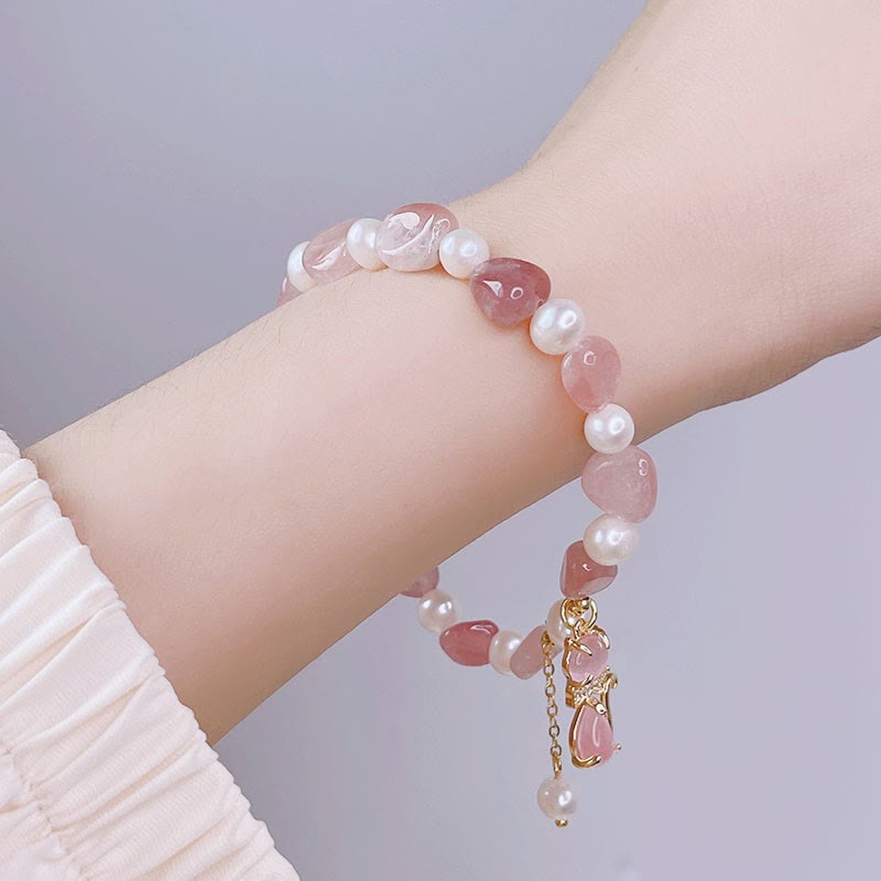 Natural Strawberry Quartz Pearl Cat Positive Bracelet