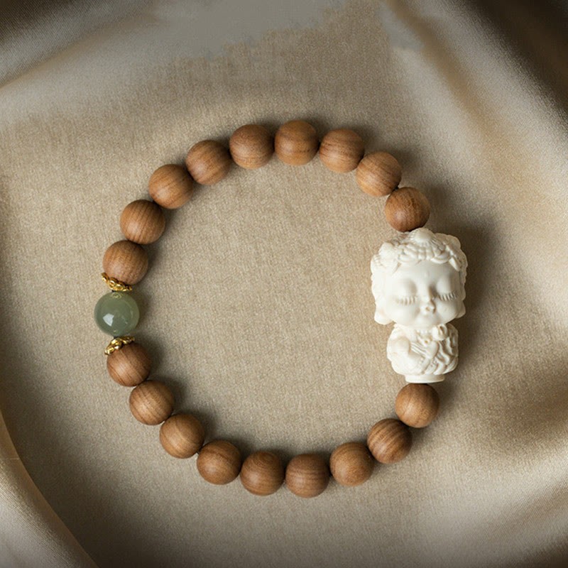 Sandalwood Hetian Jade Ivory Fruit Green Tara Protection Bracelet