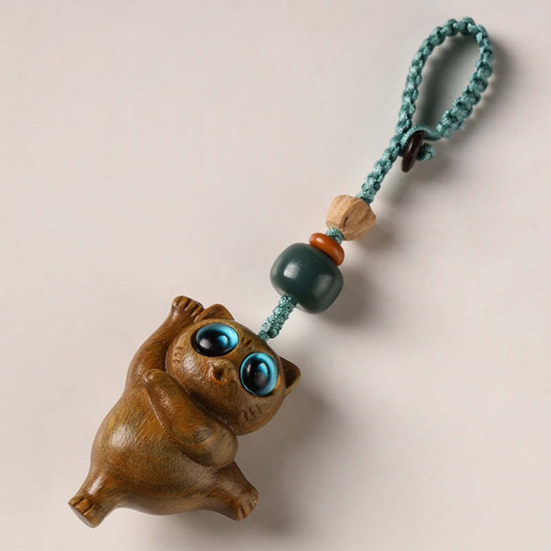 Green Sandalwood Thuja Sutchuenensis Dancing Cat Positive Key Chain Phone Hanging Decoration