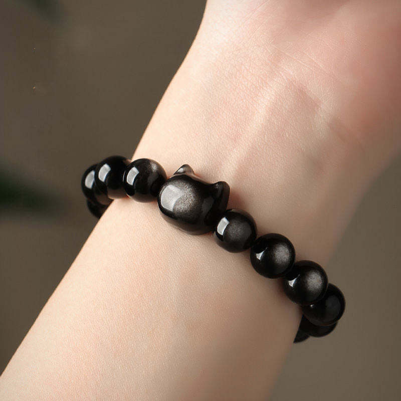 Gold Sheen Obsidian Silver Sheen Obsidian Lovely Paw Lucky Cat Protection Bracelet