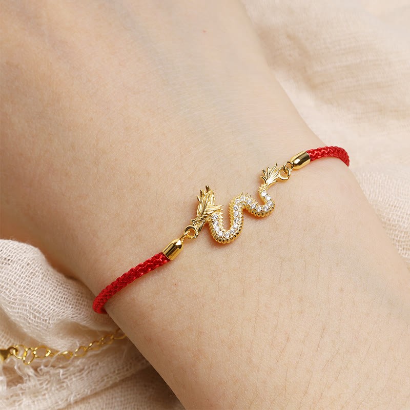 925 Sterling Silver Year Of The Dragon Auspicious Golden Dragon Luck Red Rope Chain Bracelet (Extra 30% Off | USE CODE: FS30)