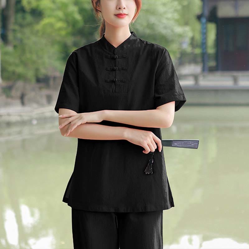 2Pcs Women's Short Sleeve Shirt Top T-Shirt Pants Meditation Zen Tai Chi Cotton Linen Clothing Set