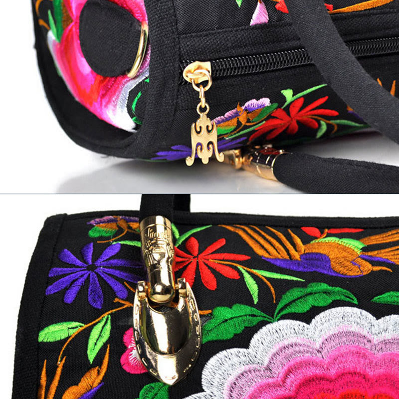 Money Tree Peony Camellia Double-Sided Embroidery Canvas Shopping Purse Handbag Crossbody Bag