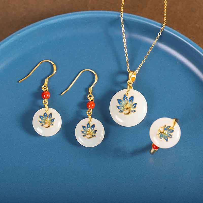 925 Sterling Silver Natural Hetian White Jade Peacock Blessing Necklace Pendant Ring Earrings Set